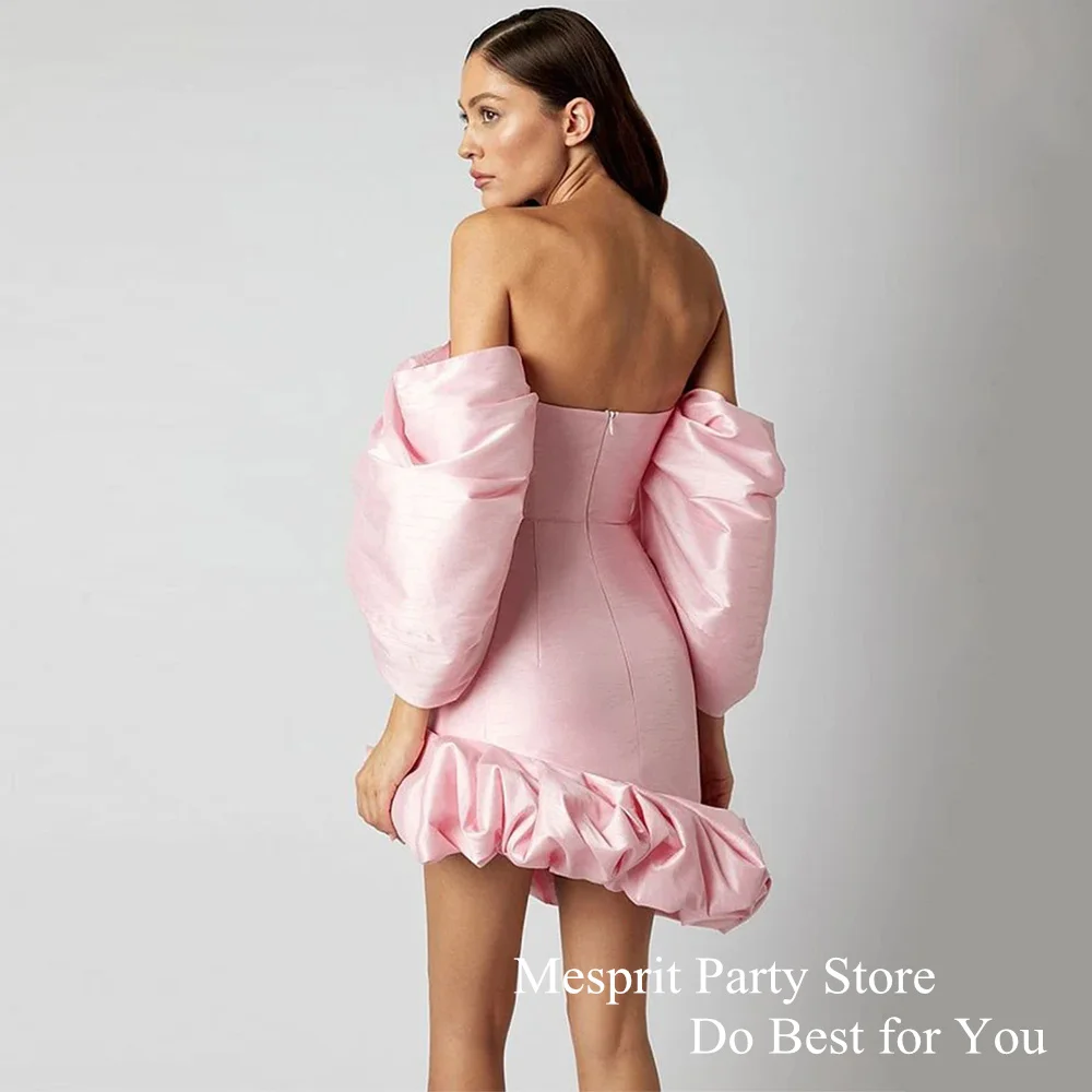 Sexy Pale Pink Cocktail Dress Customized Strapless Puff Sleeves Pleat Ruffles Evening Gown Mini Saudi Arabic Prom Dresses