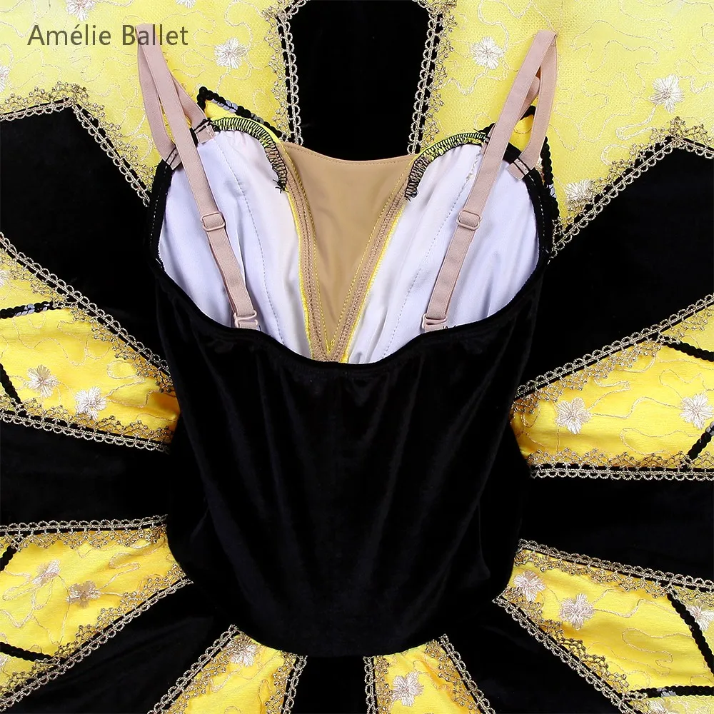 BLL587 Zwart Fluwelen Lijfje met Gele Stijve Tule Tutu Pre-professionele Ballet Tutu Meisjes & Vrouwen Prestaties Danskostuum