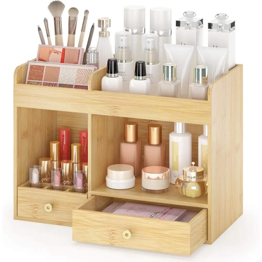 

Large Makeup Organizer with Drawers, Bamboo Countertop Cosmetic Storage for Dresser Vanity Organizer Beauty Desk Skincare Holder