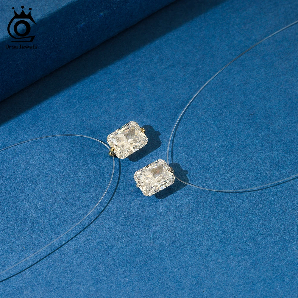 

ORSA JEWELS Top Quality 925 Silver Transparent Invisible Fishing Line Chain Shiny 8A Zircon Rectangle Pendant Necklace LZN34