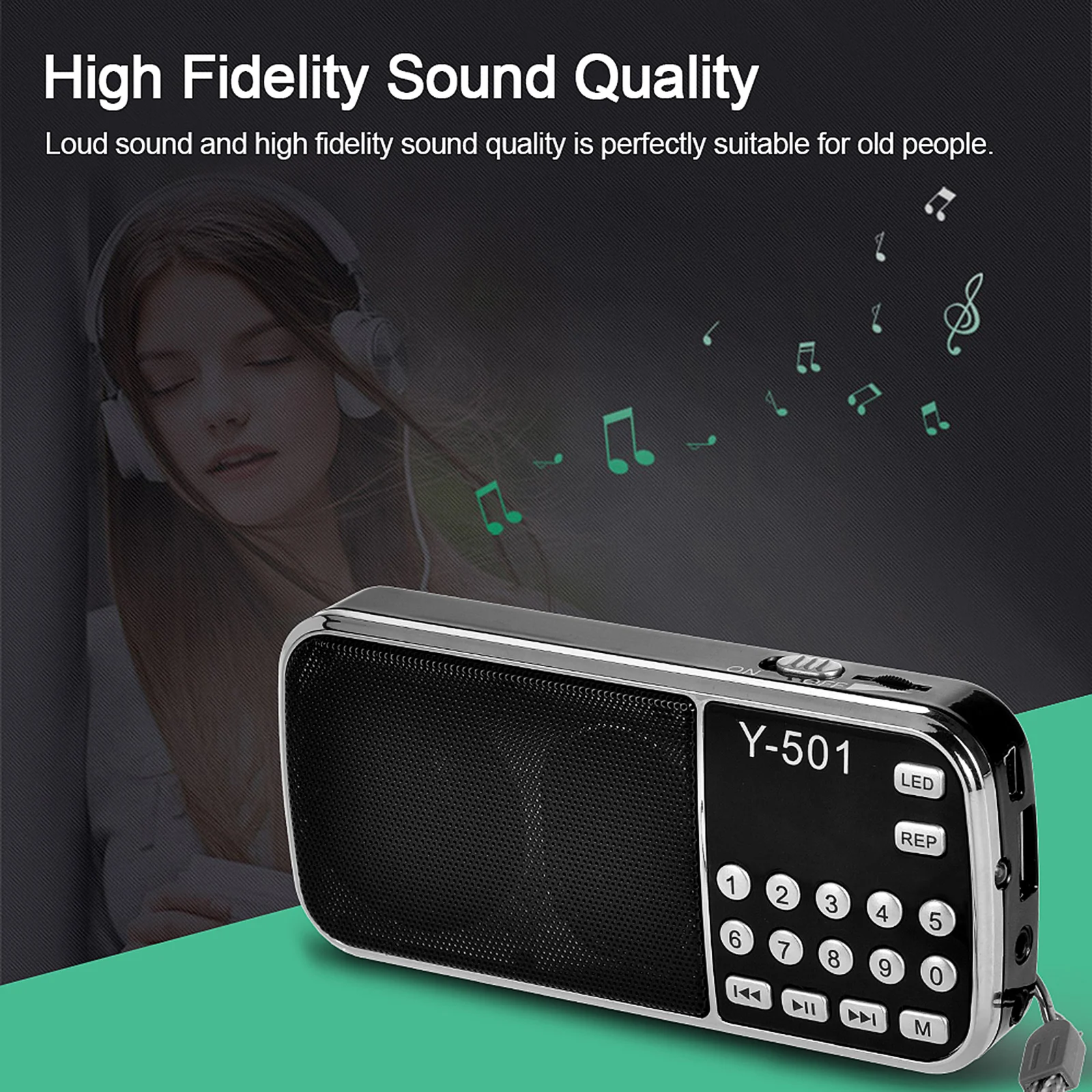 Y-501 Mini FM Radio Digital Portable 3W Stereo Speaker MP3 Audio Player w/ LED Flashlight Support USB Drive TF Card AUX-IN