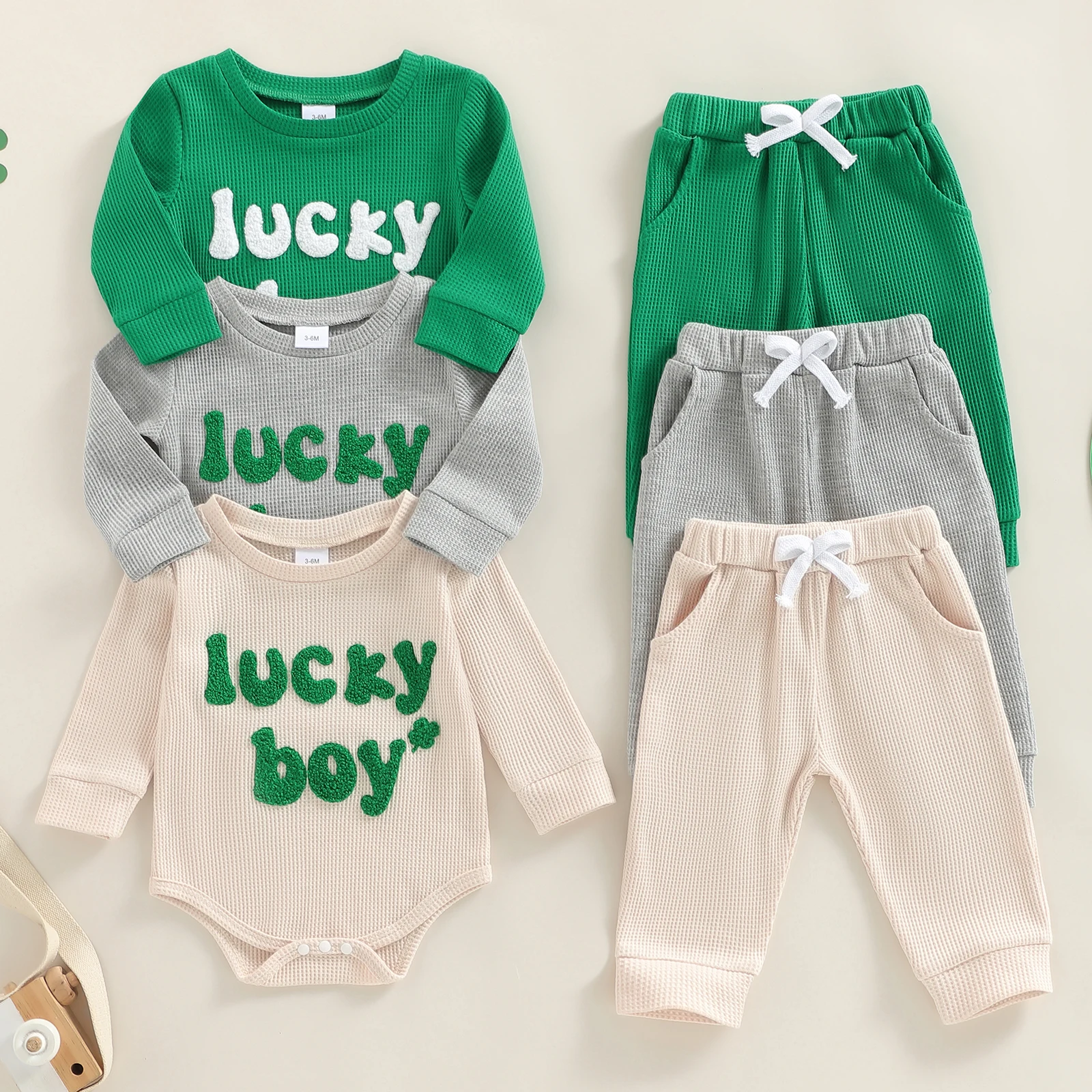 2Pcs Infant Baby Boy Waffle Outfits Lucky Letters Embroidery Long Sleeve Crew Neck Romper Elastic Waist Joggers Pants Set