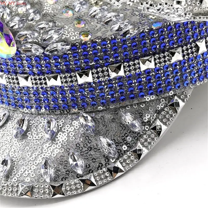 Llamativo sombrero capitán plateado N1HE con incrustaciones diamantes imitación para mujer, ropa fiesta, sombrero