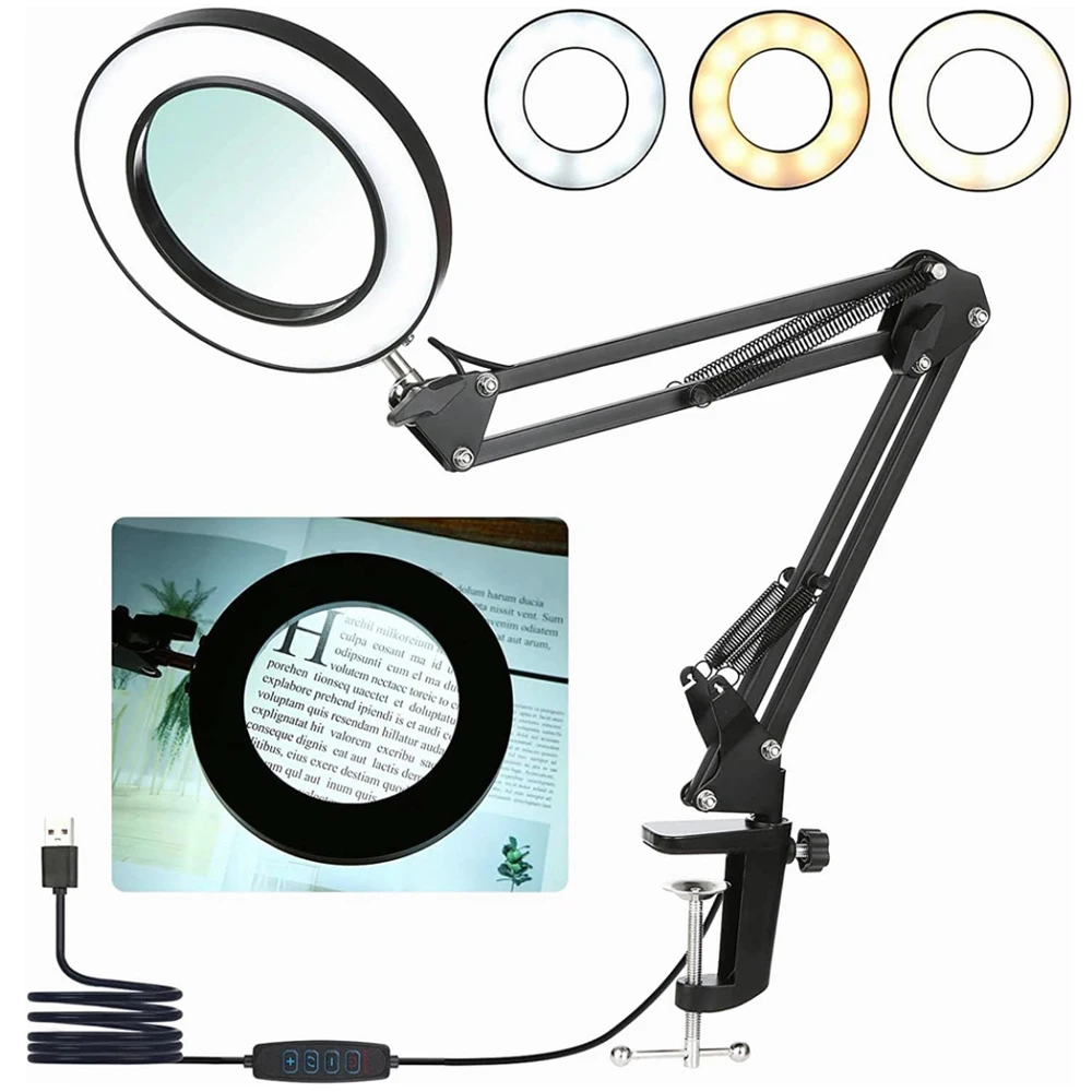 

64 LED 8X Magnifying Desk Lamp Lighted Magnifier 3 Color Modes 10 Level Dimmable Flexible Gooseneck for Reading Repair Work