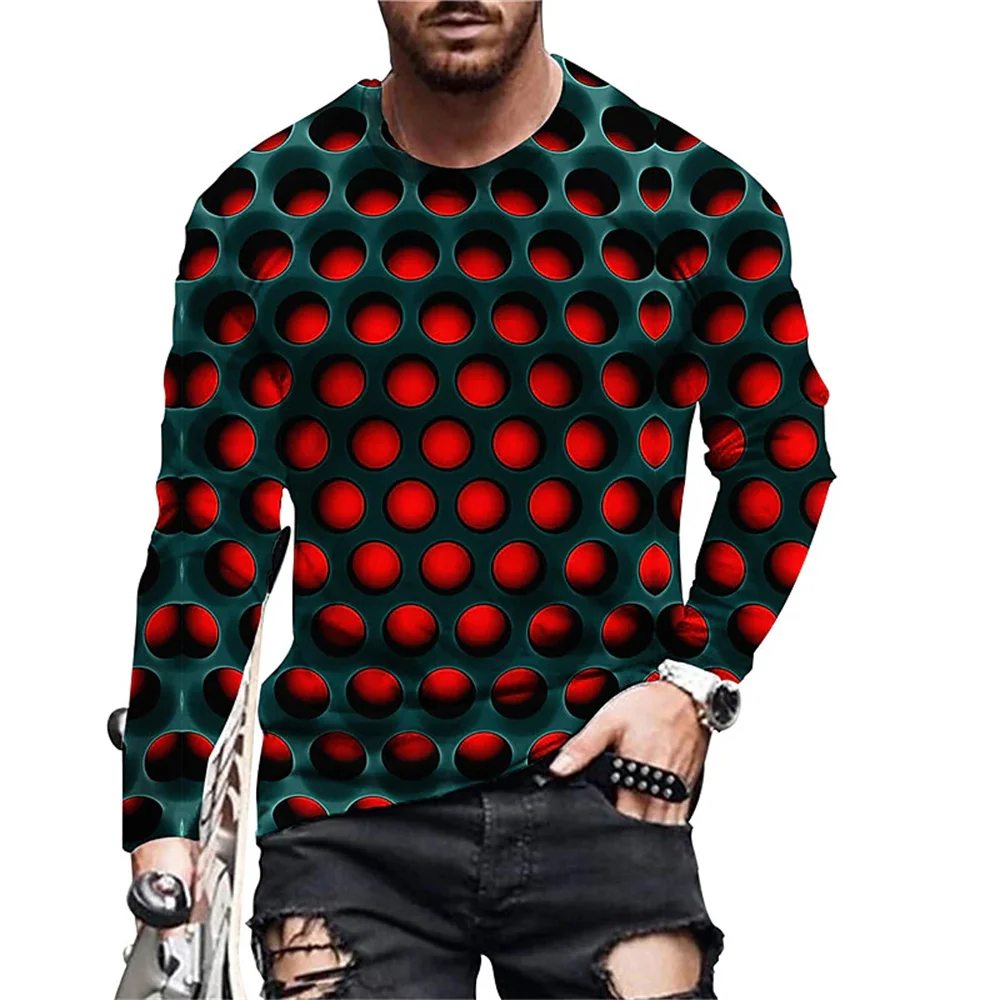 Funny 3D Optics Polka Dot Print Men's Long Sleeve T-shirts Casual O-neck Loose Pullover Hip Hop Trend Streetwear Autumn Clothing