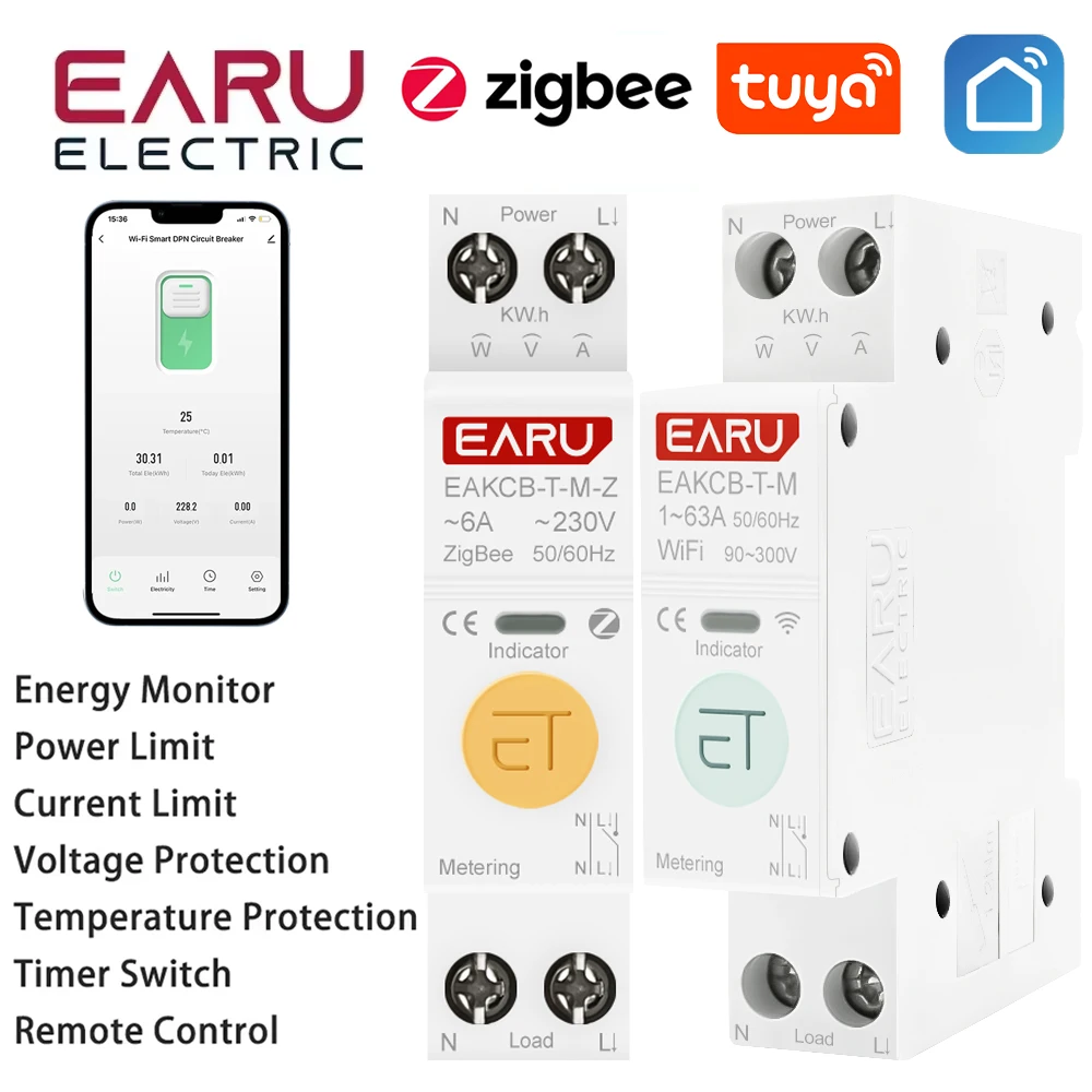 Zigbee TUYA WiFi Smart Circuit Breaker Over Current Under Voltage Protection Power Metering 1-63A Wireless Remote Control Switch