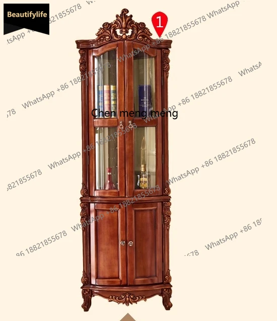 

B456 American light luxury solid wood double door carved decorative cabinet, living room glass storage display cabinet