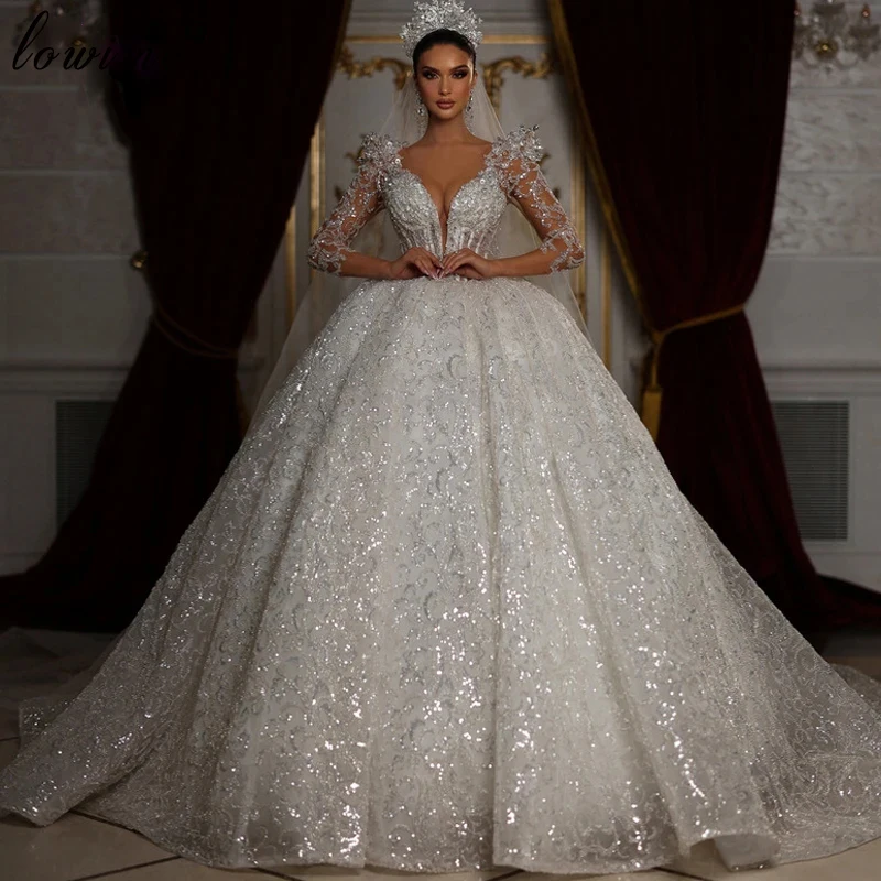 

2023 Newest Luxury Shiny Wedding Dresses For Women Sequined Long Sleeves Chapel Wedding Gowns With Crystals Vestido De Casamento