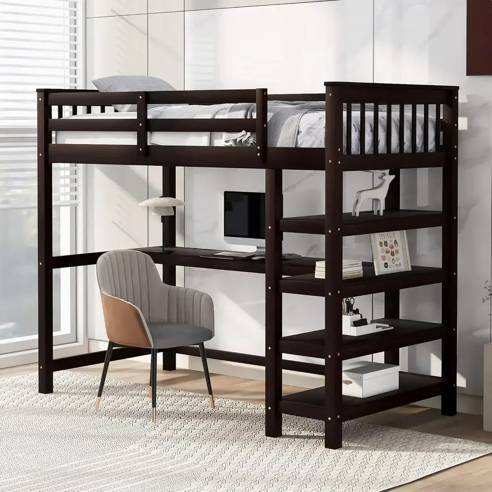 Twin Size Wooden Loft Bed with Storage Shelves, Under-Bed Desk, Full-Length Guardrail, and Built-in Ladder for Kids, Teens, and