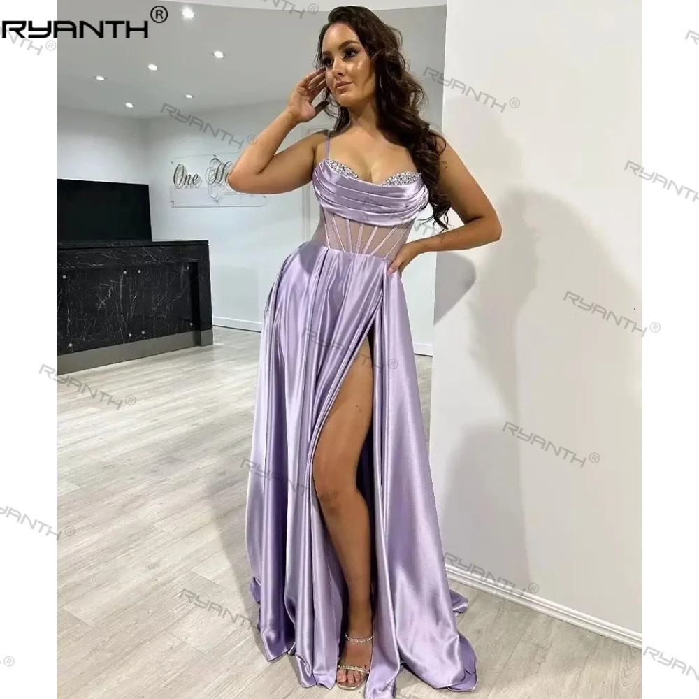 

Ryanth Spaghetti Straps Satin Ball Dress Slim Fit A-line Bridesmaid Dress Long Cowl Neck Tight Corset Formal Evening Dress 2024