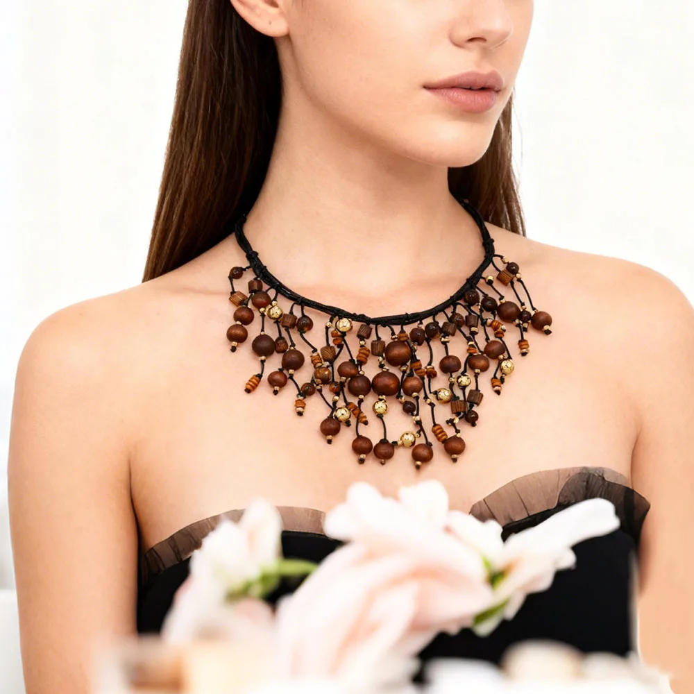 

Bohemian Wooden Beads Multi Layer Chain Necklace for Women Fashion Sweater Chain Handmade Rope Jewelry Female Accessories Gift