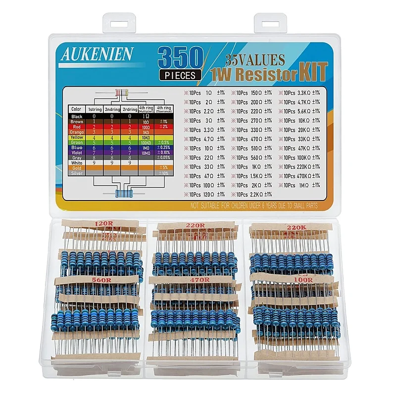 1W 1% Resistor Assortment Kit Set, 35 Values, 350 PCS 1 Watt Metal Film Resistors, 1 Ohm to 1M Ohm, Electronic Resistors Pack