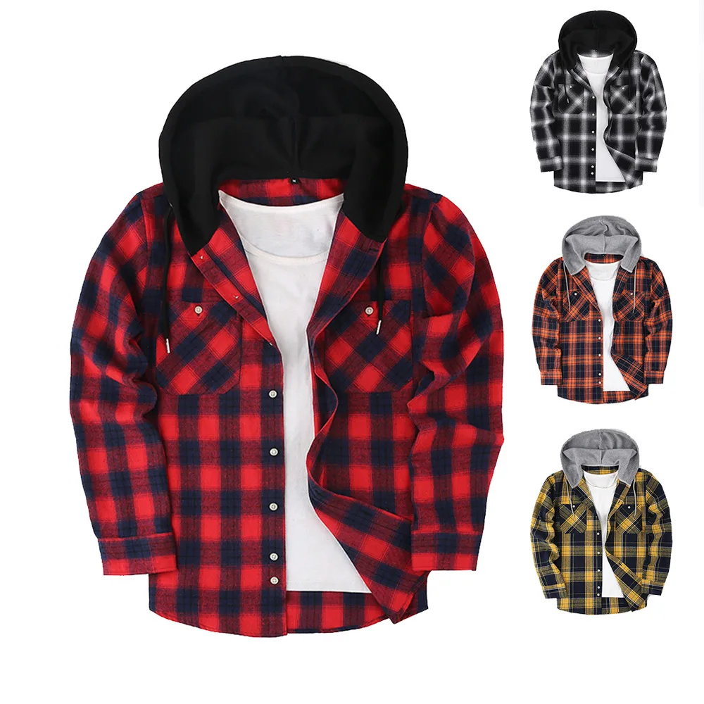 

Spring Autumn Men's Hoodies Shirts Classic Plaid Casual Button Down Hooded Long Sleeved Double Pockets Shirt Flannel Jacket Tops