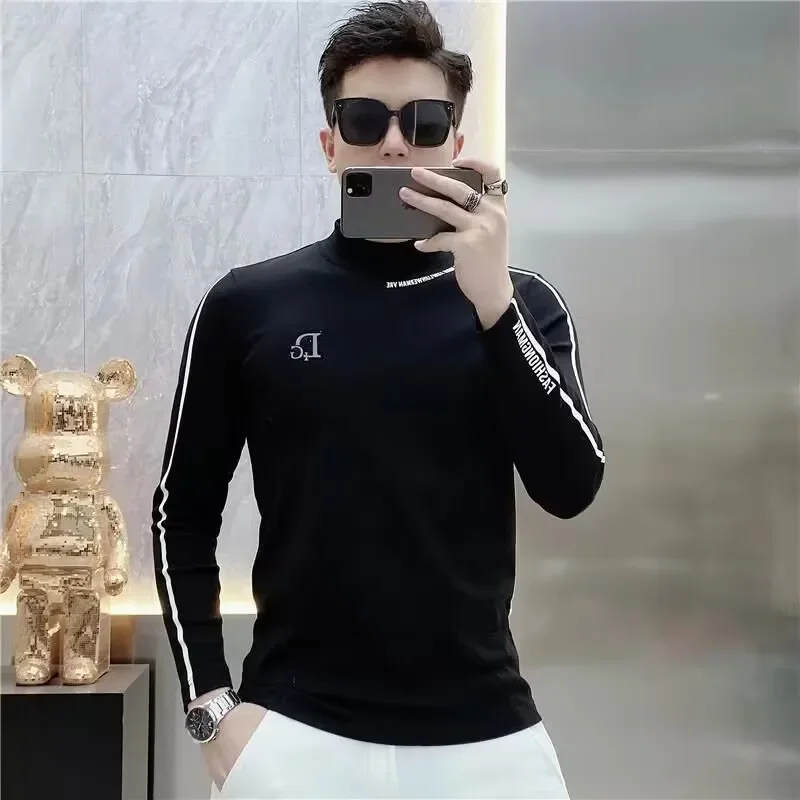 Luxury Embroidery Half High Collar Bottoming Shirt for Men Slim Fit Casual Long Sleeved T-shirts Social Sweatshirt Pullover image 4