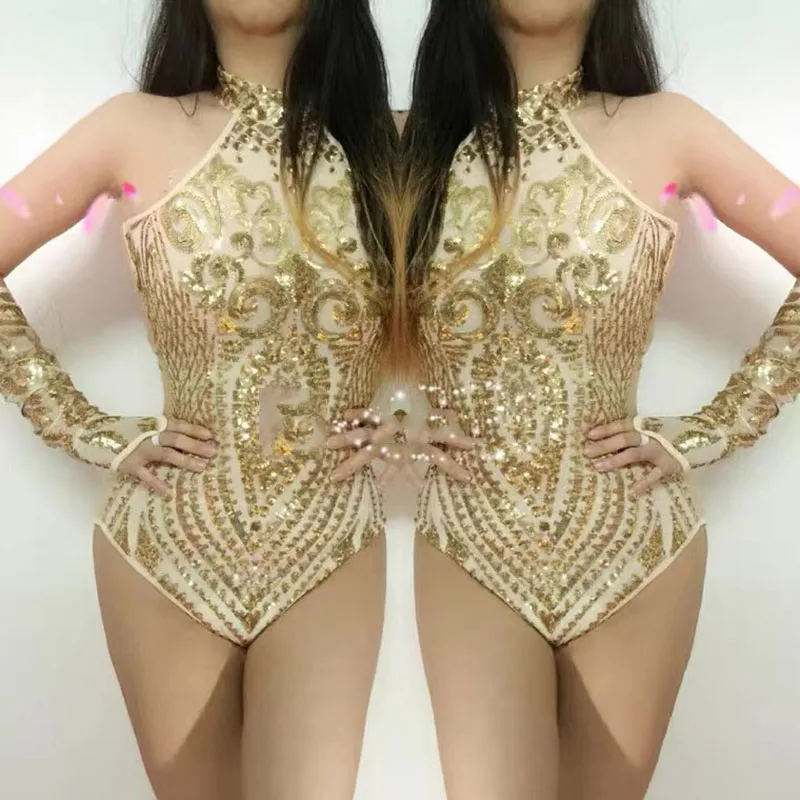 Women Evening Dance Wear Gold Sequins Bodysuit Flashing Two-piece Outfit Shining Sexy Birthday Party Costume Celebrate Show