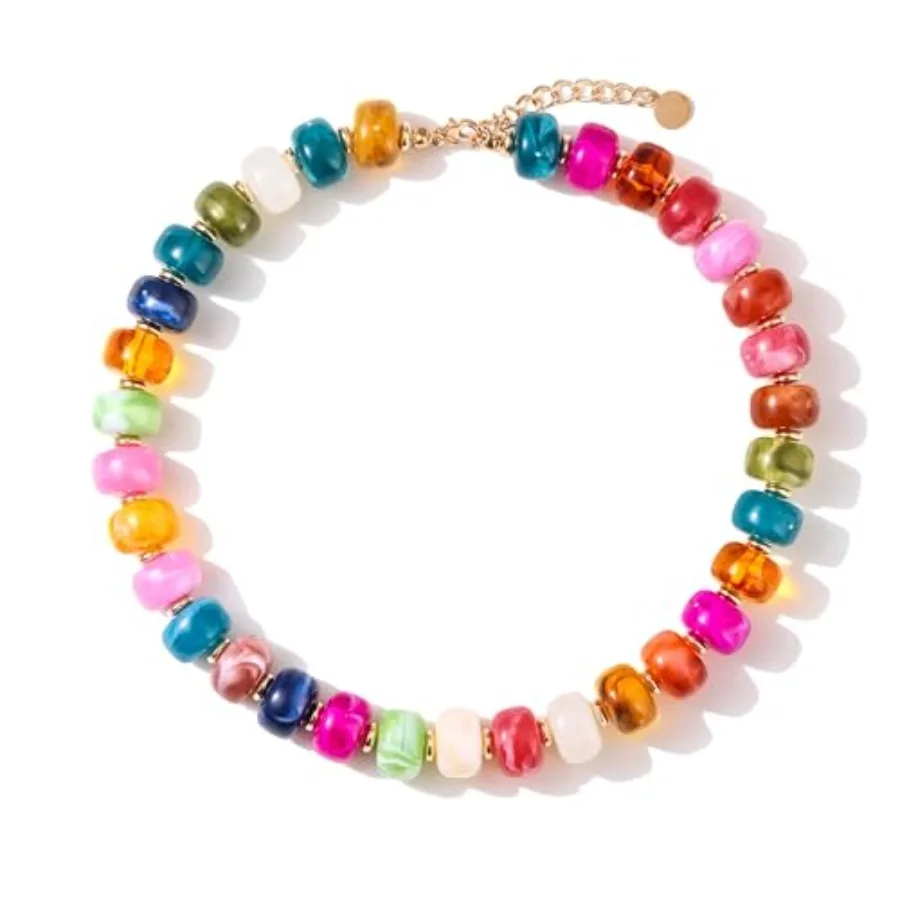 

Colorful Beaded Necklace for Women Unique Resin Beads Choker Necklaces Boho Statement Chunky Necklace Summer Vacation Jewelry