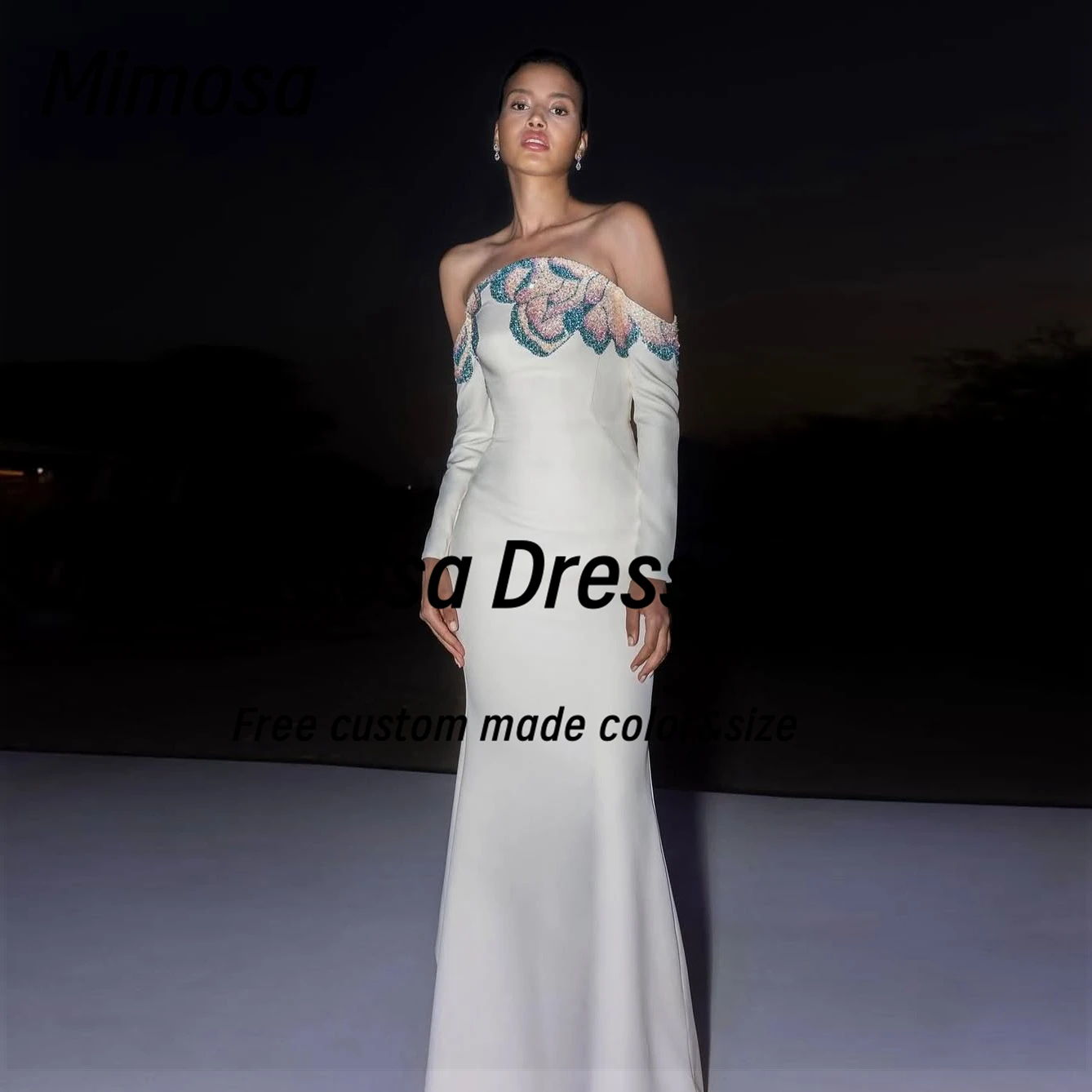 Mimosa Long Sleeves Prom Dresses 2025 Colorful Beading Strapless Evening Party Dress Zipper Back Robe De Soirée Customized