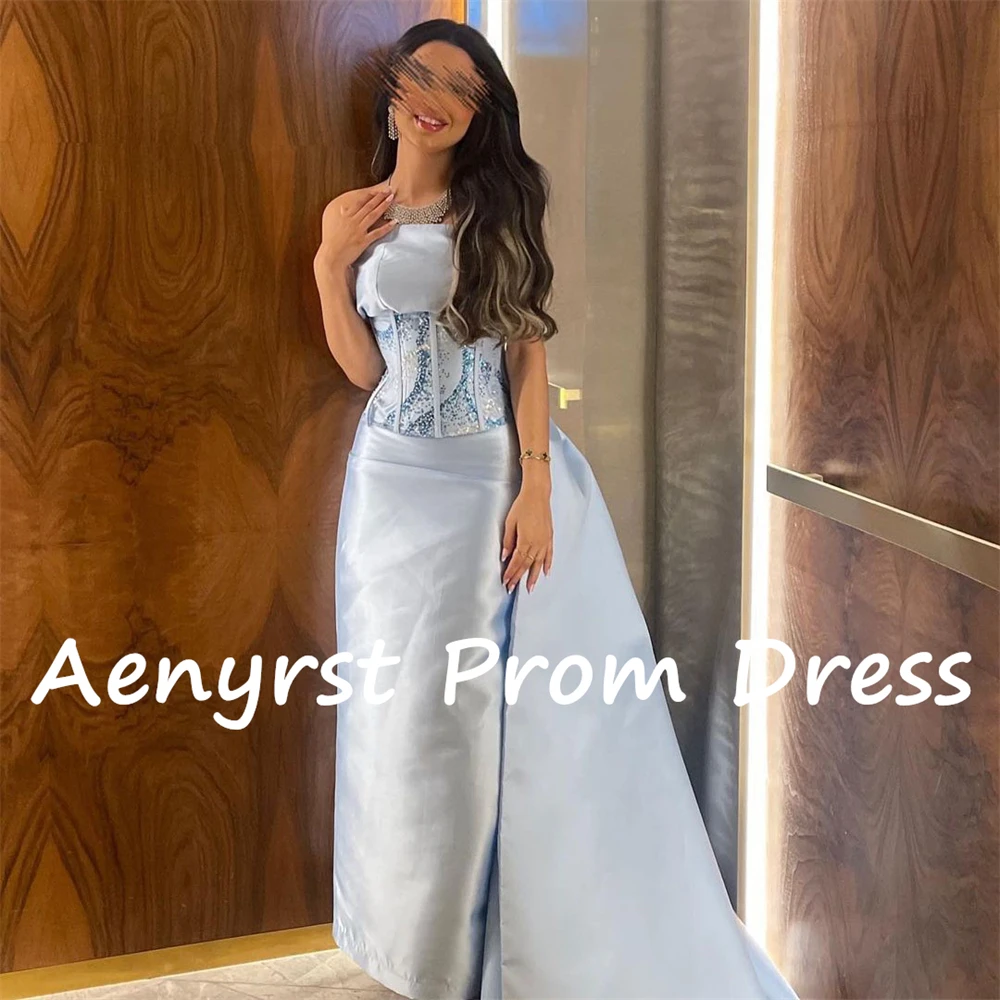 Aenyrst-Vestidos de Noche azules sin tirantes con lentejuelas para mujer, vestidos de sirena de satén para invitados de boda, vestidos de fiesta hasta el tobillo