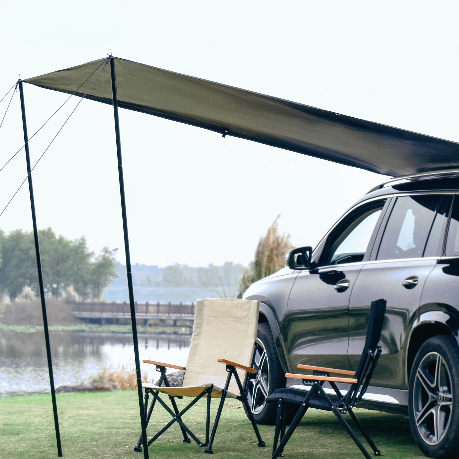 

3-4 Person Outdoor Camping Car Side Awning SUV Shelter Anti Storm UV Self Driving Tarp Pergola Family Silver Black Coated UPF50+