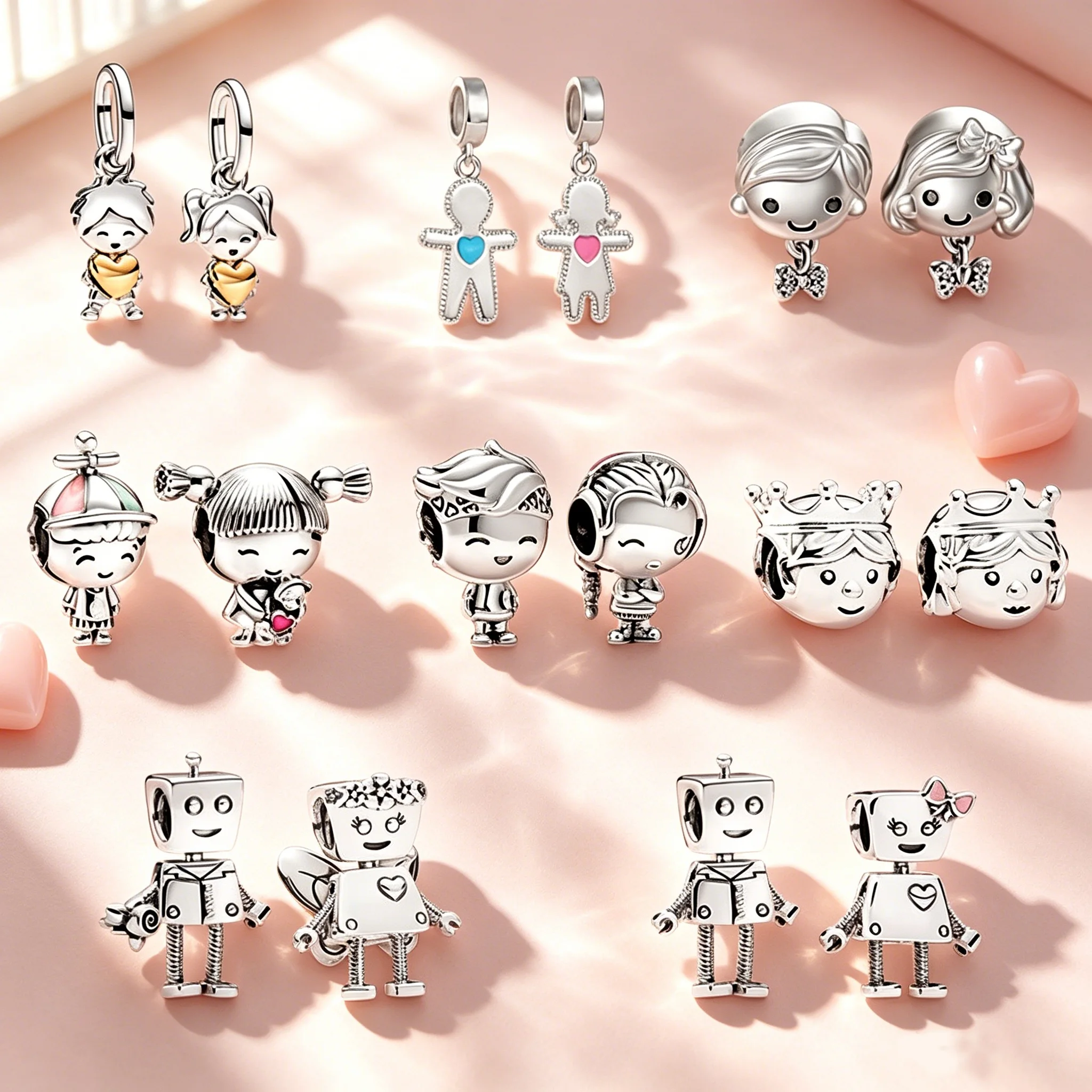 Conjunto de Berloques e Pingentes de Casal (Menino e Menina) para Pulseira e Colar de Prata Tipo Cobra Original, para Joias DIY e Presentes