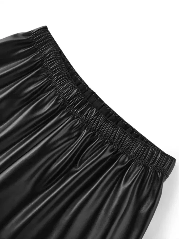 Ladies Casual PU Leather Loose Street Wide Leg Trousers Women Elastic Band Matte Faux Leather Straight Pants Clubwear New Custom