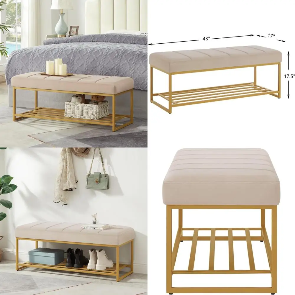 

Modern Tufted Taupe Velvet End of Bed Bench with Metal Shelf, Contemporary Entryway Footboard Bench for Living Room