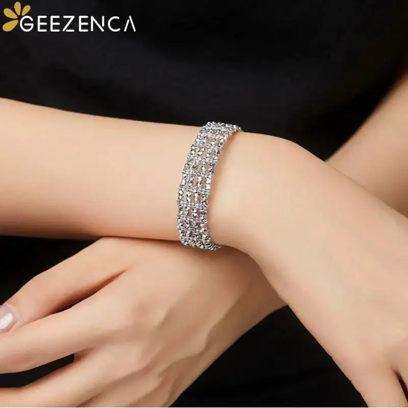 

GEEZENCA, браслет из стерлингового серебра 925 пробы с четырьмя рядами сверкающих бусин, для женщин, шириной 13 мм, модный плоский браслет, итальянские украшения