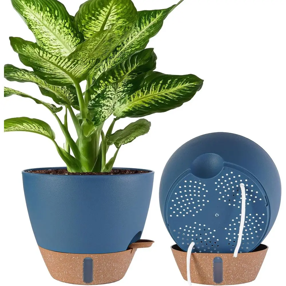 10 Inch Plastic Plant Pots with Drainage, Water Level Indicator, Suitable for Indoor and Outdoor Use (Navy Blue)