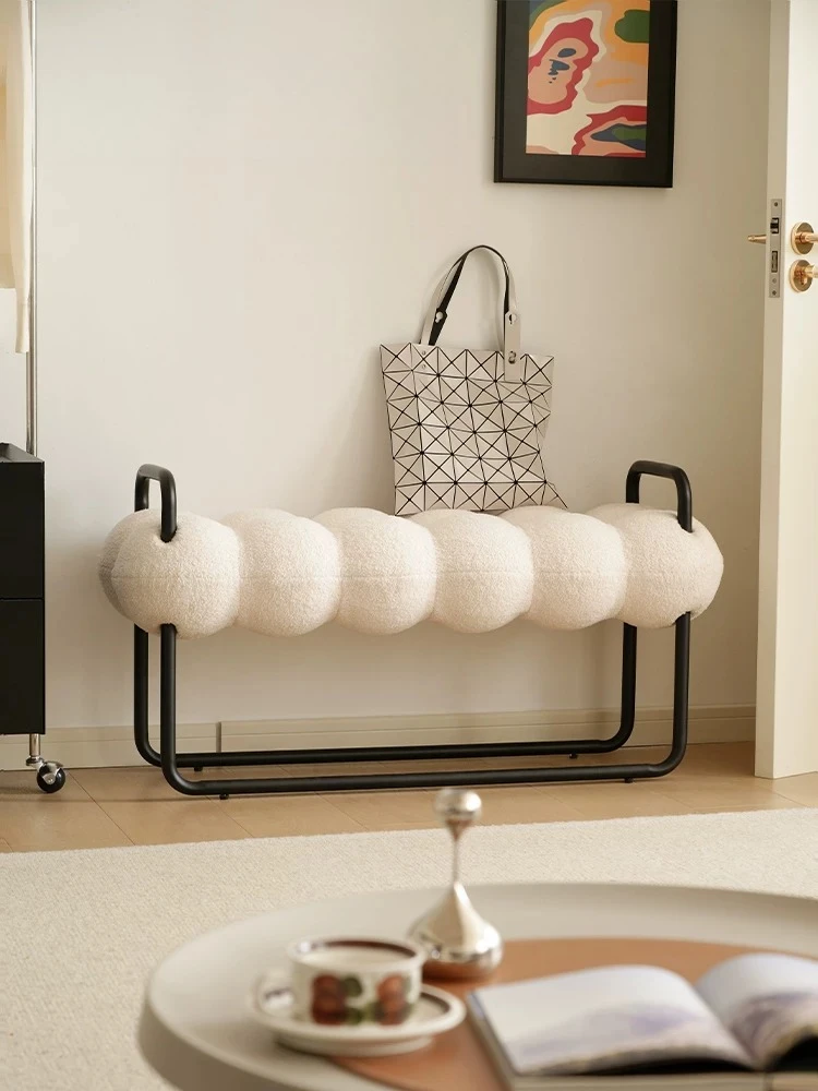 Lower left Nordic cream wind entrance shoe change stool light luxury home designer long stool small apartment cloud stool