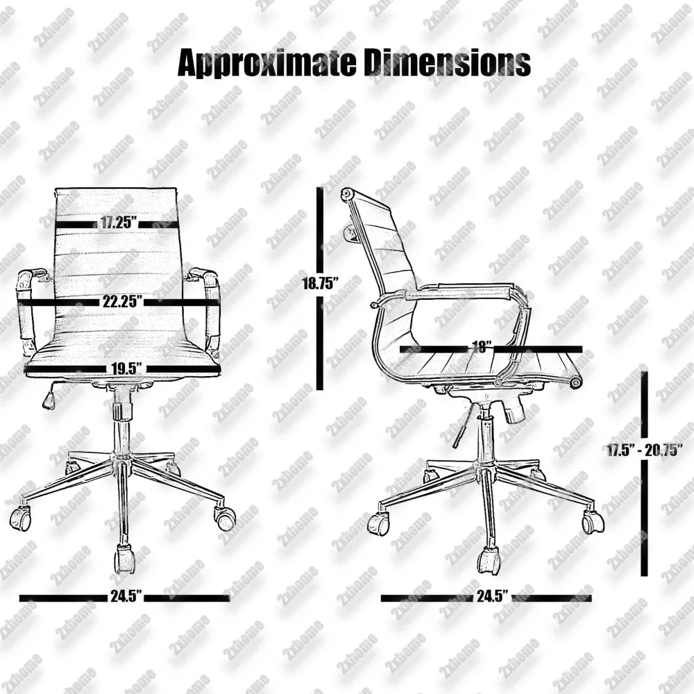 Conjunto de 2 cadeiras de mesa de escritório modernas, poltronas de tarefas de conferência de couro PU com nervuras e encosto médio com inclinação giratória e altura ajustável