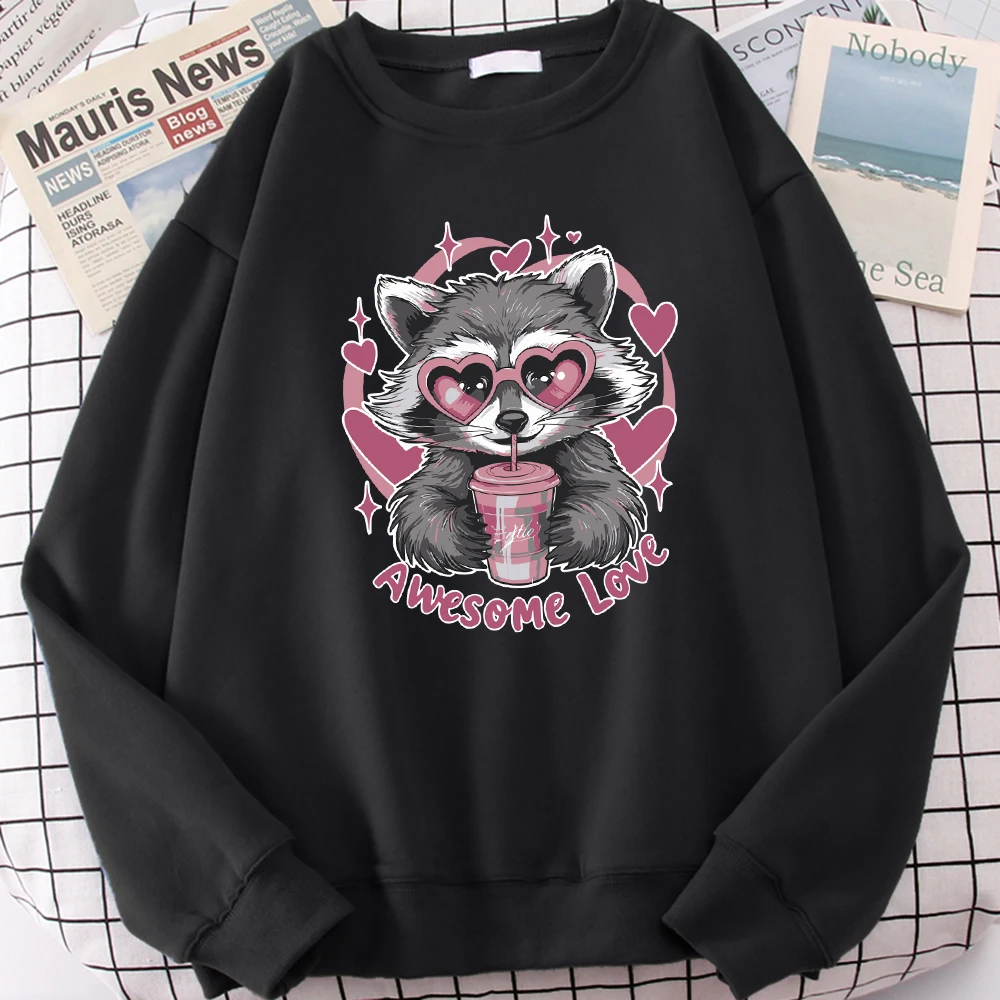 

Awesome Love Drinks Raccoon Printed Women Sweatshirts Fashion Fur-Liner Pullovers Fleece Sportswear Autumn Hip Hop Female Tops