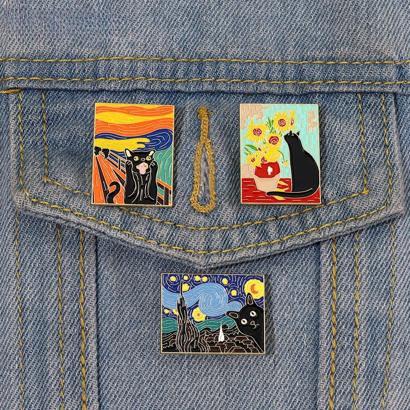 Pintura al óleo de cielo estrellado Van Gogh, alfileres de esmalte de girasol, insignia de solapa de Metal para mochila, ropa, broches de gato negro