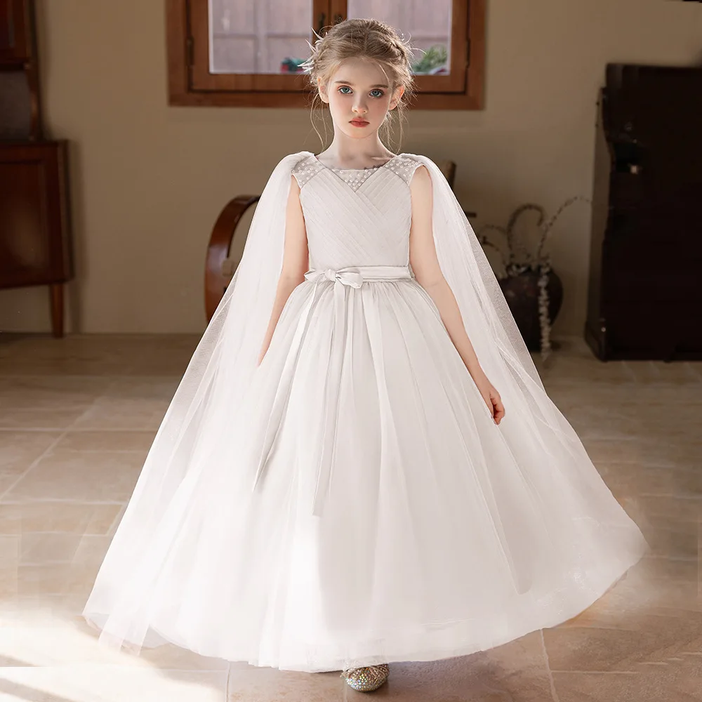 فستان أنيق طويل من الشاش الوردي للفتيات الصغيرات مناسب لحفلات الزفاف وحفلات أعياد الميلاد