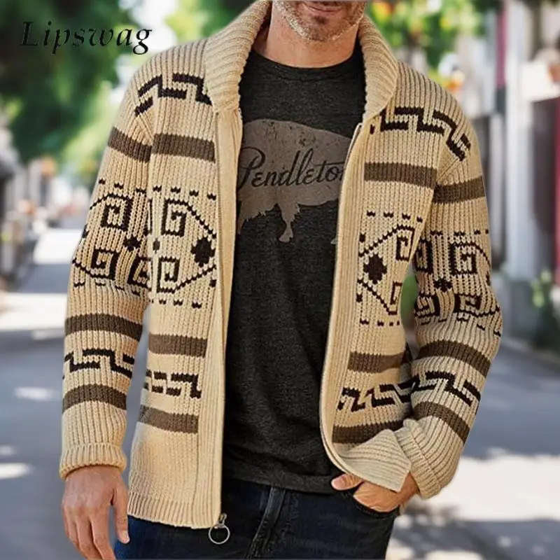 

Autumn Winter Mens Casual Sweatercoats Vintage Turn-down Collar Zipper Knitted Cardigans Men Trendy Slim Knitting Sweater Jacket