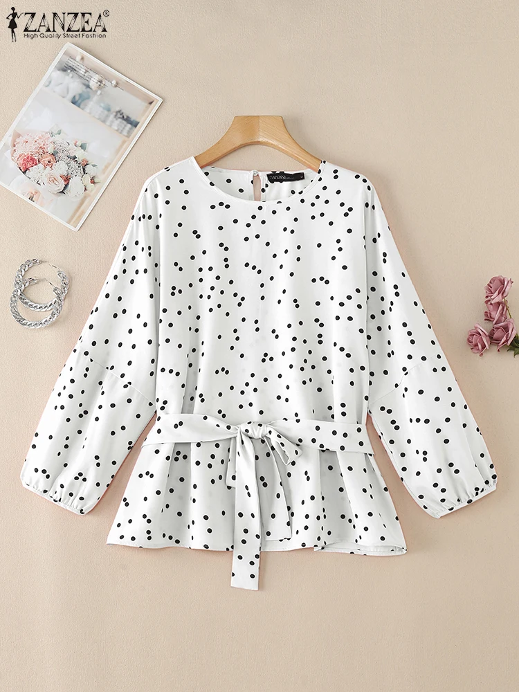 Elegant Women OL Work Blouse ZANZEA Spring Polka Dot Tops Tunic Stylish Casual Long Sleeve Holiday Shirt Belted Blusas Female