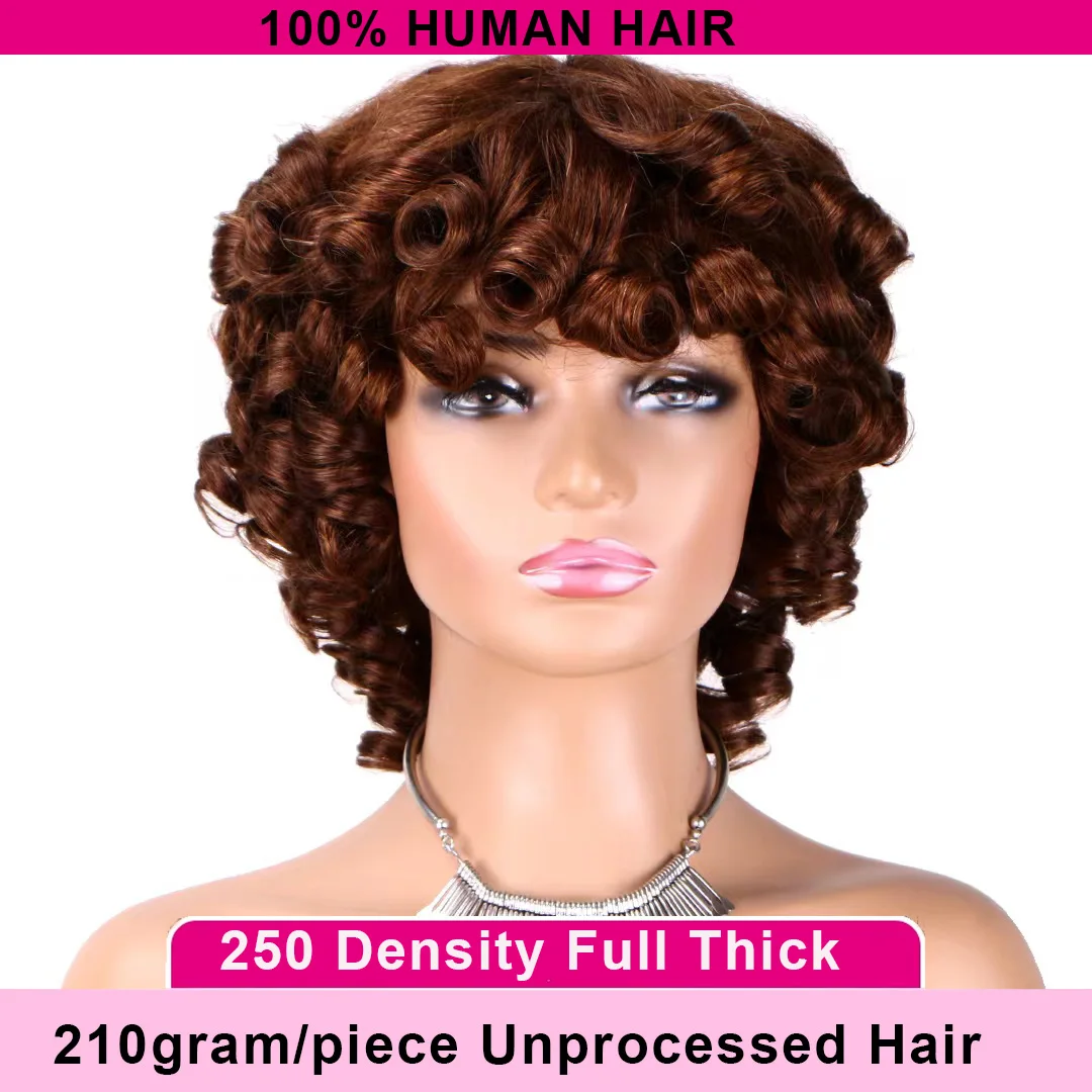 Afro Gül Kıvırcık Funmi Peruk Patlama ile Çikolata Kahverengi Kısa Kabarık Kıvırcık Bob kahküllü peruk Makine Yapımı Gül Kıvırcık İnsan Saç Peruk