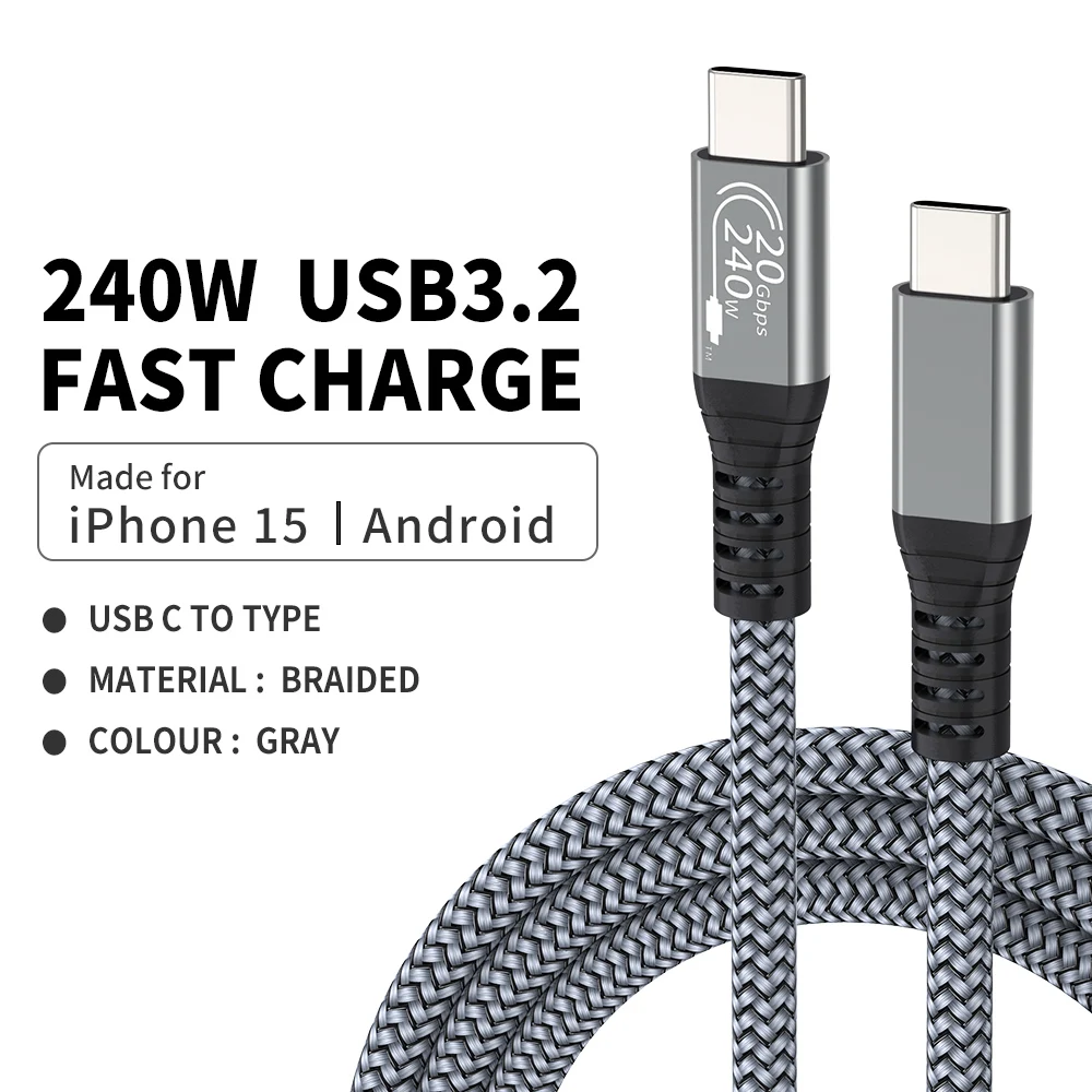 

Кабель для быстрой зарядки PD240W USB-C - Type-C, USB 3.2, передача данных 20 Гбит/с, 4K 60 Гц для iPhone 16, 15 Pro Max Plus, MacBook, iPad