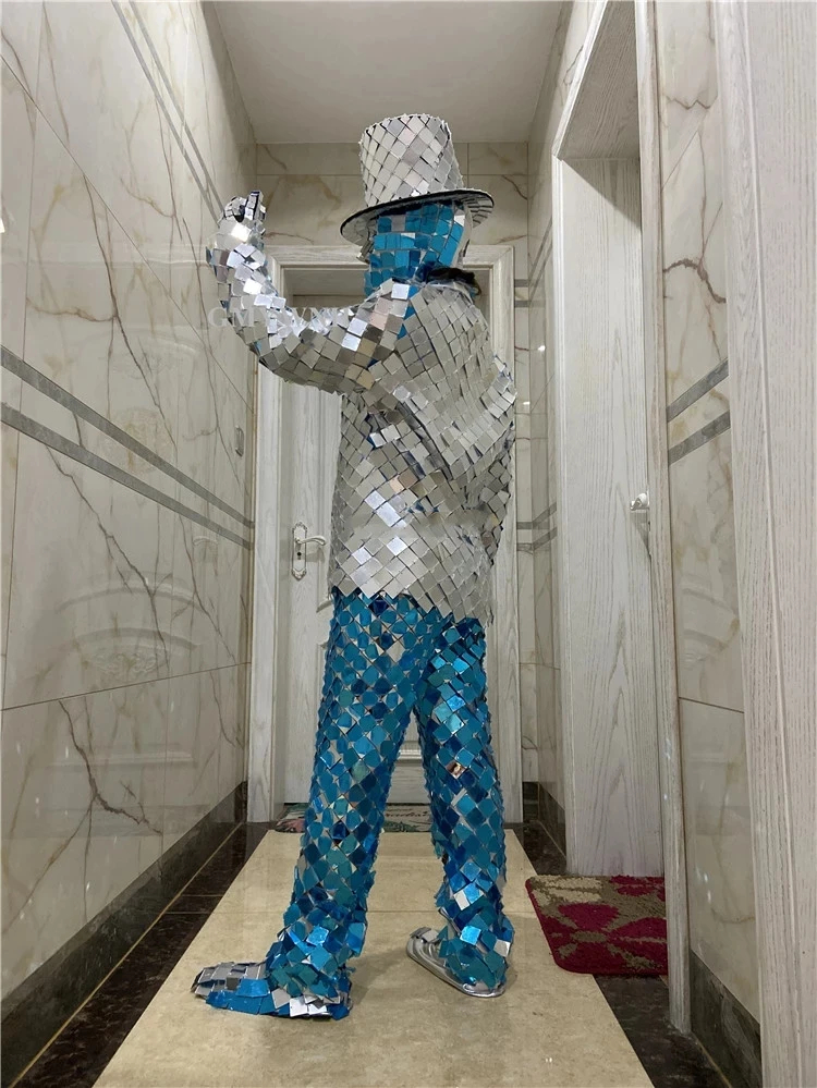 Fashion silver mirror robot suit Stage show men women robot dance  mirror glass outfits bar mask female show dress jacket