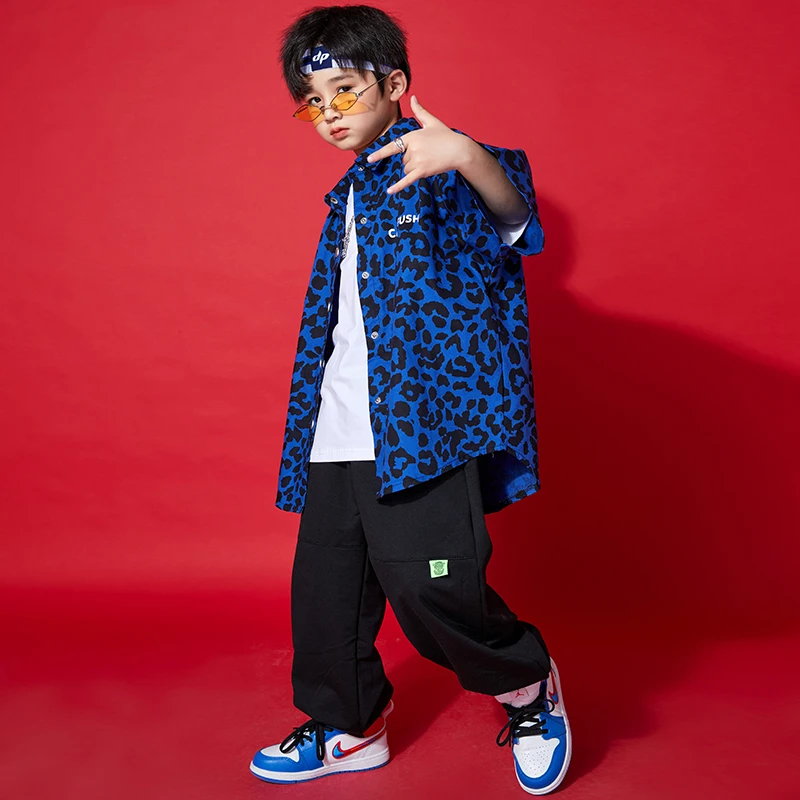 Kids Hiphop Kleding Blauw Print Oversized Luipaard Shirt Top Streetwear Joggingbroek Voor Meisjes Jongen Dans Kostuums Kleding