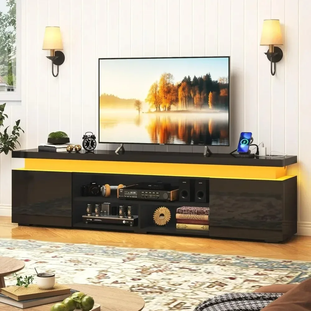 LED TV Stand for 85 Inch TV, Gaming TV Stand with Power Outlet, High Gloss TV Console Entertainment Center with Storage