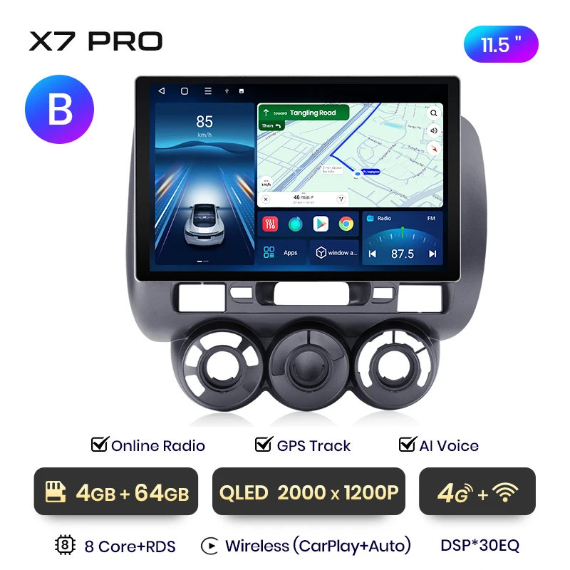 Junsun 13,1 inch QLED Android draadloze CarPlay autoradio voor Honda Fit Jazz City 2002-2007 Intelligente systemen DSP SWC RDS