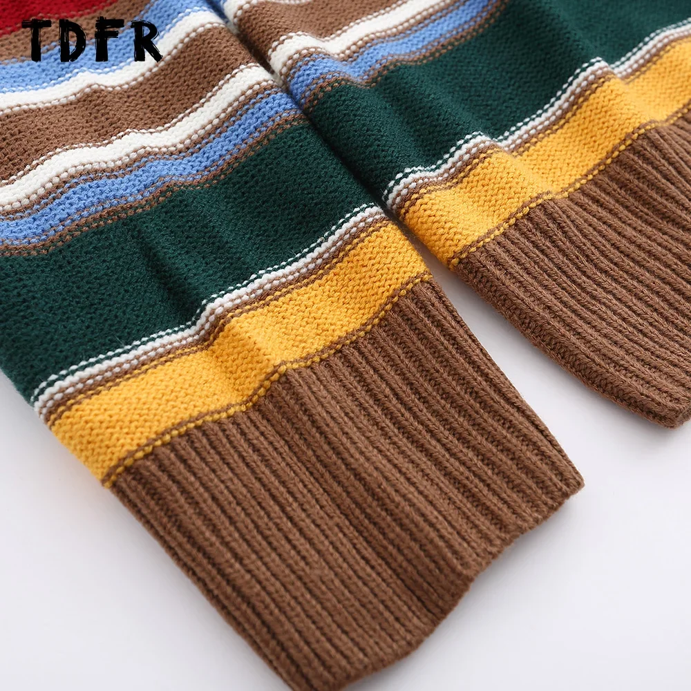 Contrast Horizontal Striped Sweater Mens Autumn Winter Retro Casual Loose Lapel Long Sleeve Knitted Pullover Men