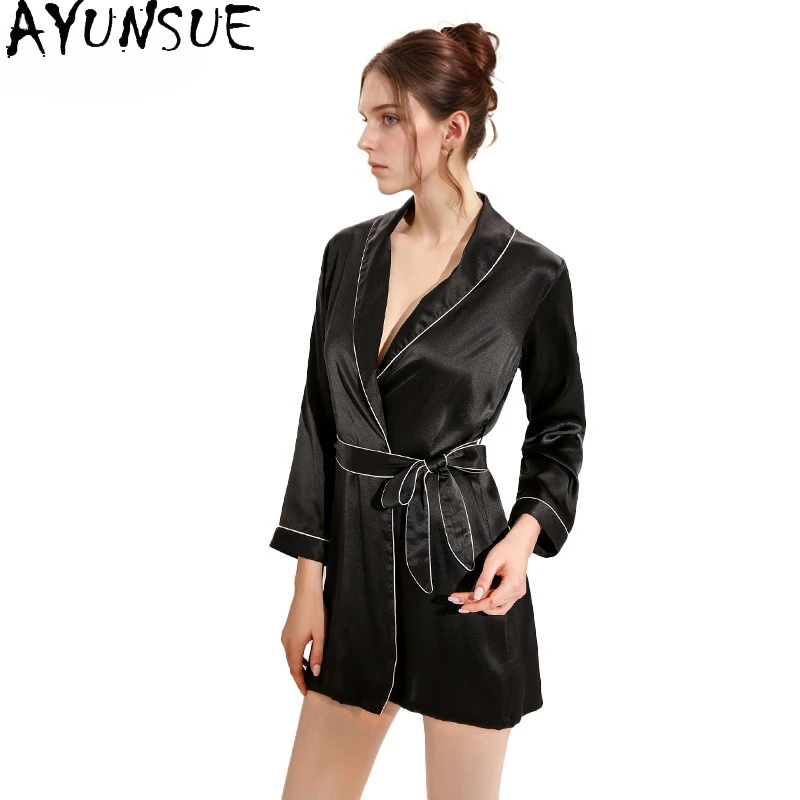 AYUNSUE 19MM 100% Real Mulberry Silk Robe Women Elegant Pajama Spring Summer Women's Home Clothes Lace-up Robes for Woman 잠옷