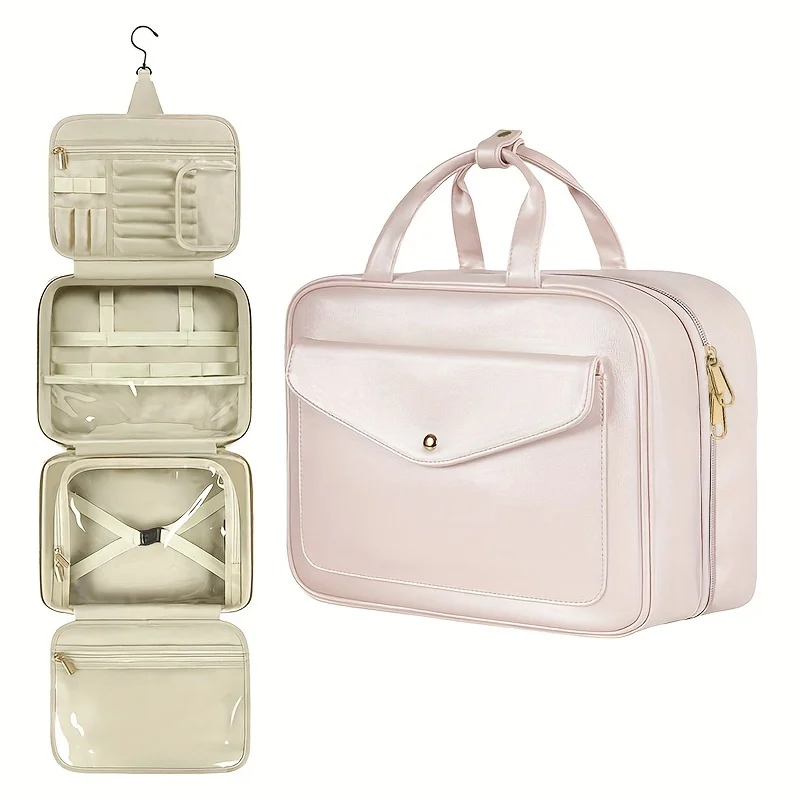 

PU Waterproof Toiletry Bag, Folding Makeup Travel Organizer, Cosmetic Tote Bag, Travel Bag With Hook Hanging Bag