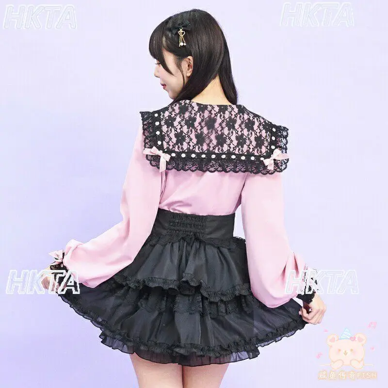 

Japanese Mass Produced 2026 Spring New Kawaii Lolita Lace Bow Strap Navy Collar Shirt Women Sweet Cute Loose White Blouses Top