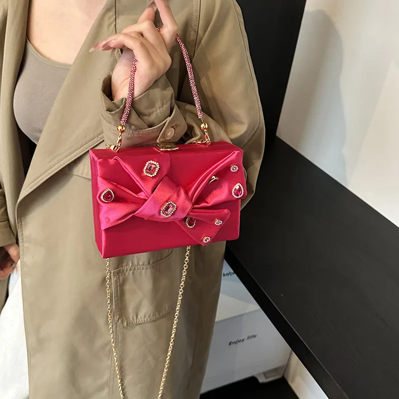New Trendy Crystal Bow Square Box Evening Bags For Women Fashion Gold Silver Blue Prom Party Clutch Handbag Banquet Shoulder Bag