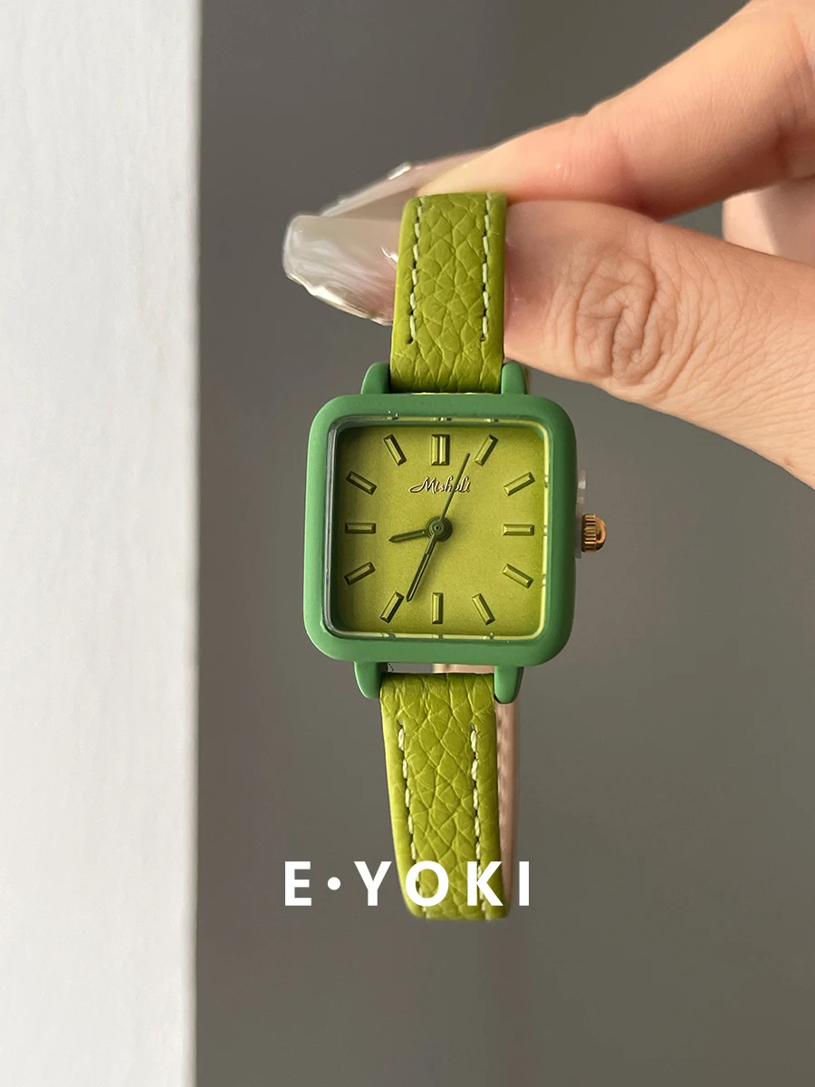 Elegantladiesapple green leather smallsquare watch cute casual female style student leather belt quartz watch female ladies gift
