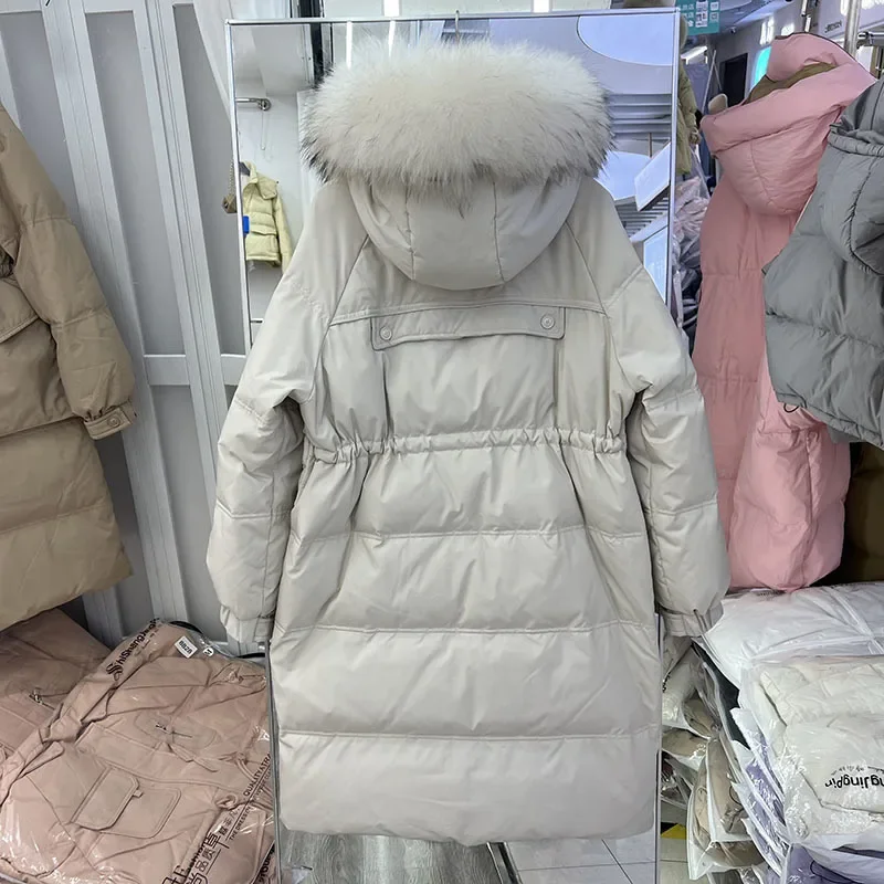 Chaqueta acolchada larga impermeable para mujer, abrigo grande con capucha de piel de mapache Real, Parkas de plumas de lluvia para mujer, invierno, 2023