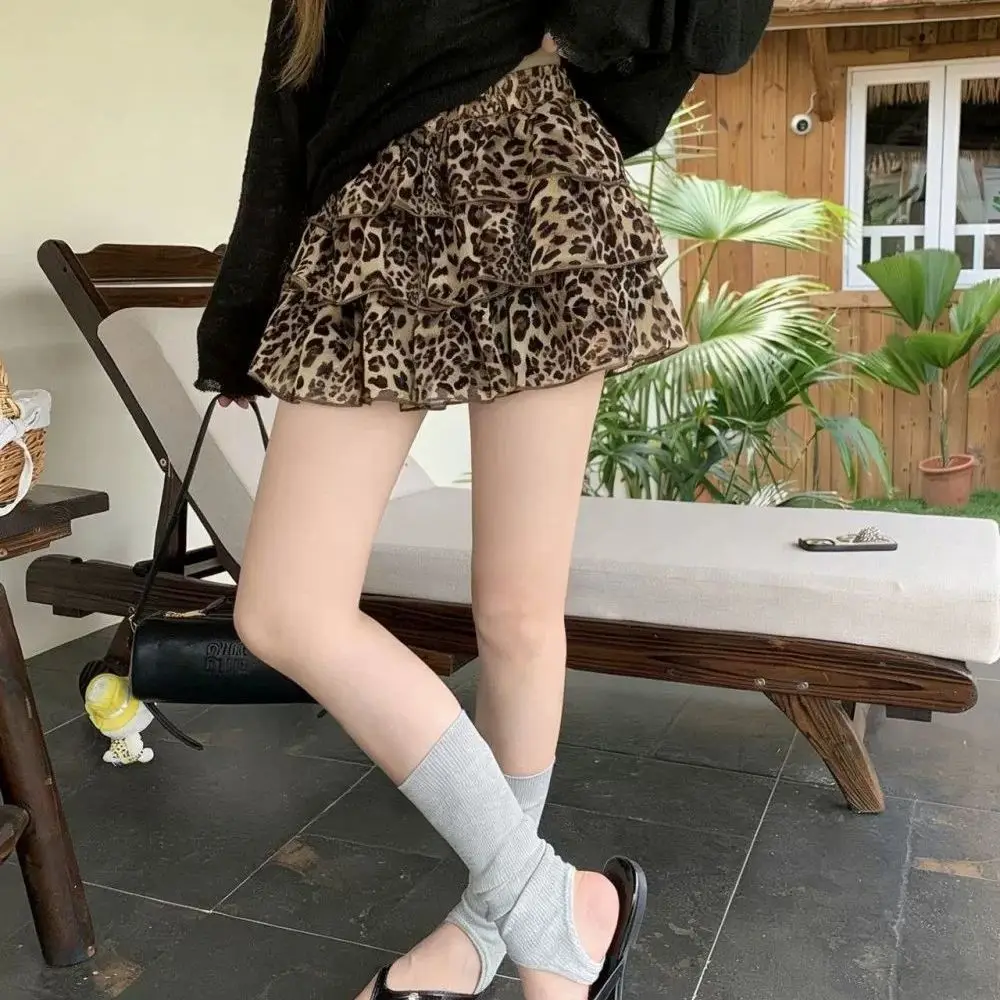 Retro Leopard Print Skirt Women 2026 Summer High Waist Cake Short Skirt