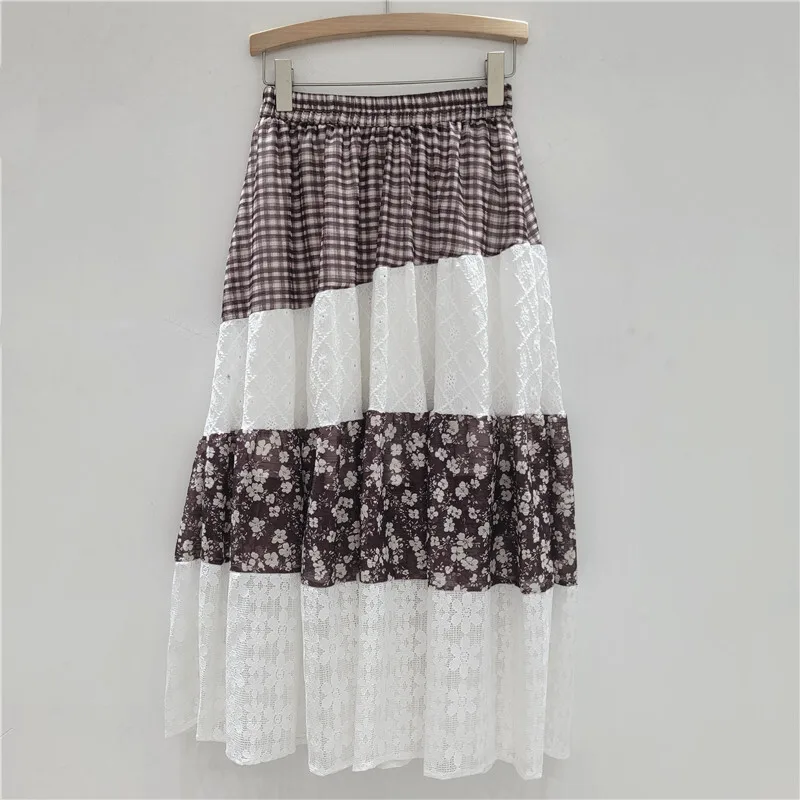 WTHT موضة جديدة للمرأة الدانتيل حافة تقسم زهرة طباعة ألف خط التنانير الطويلة 2025 الصيف العصرية مرونة الخصر تنورة الإناث 1LS2043